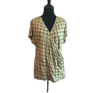 Lauren Ralph Lauren beige black print short sleeves Faux Wrap Shirt Blouse L